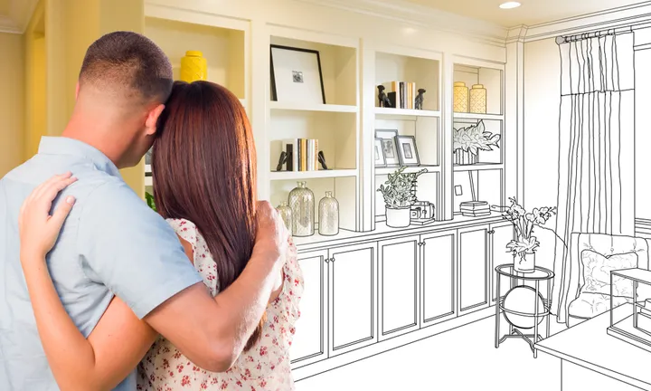 Young,Military,Couple,Facing,Custom,Built-in,Shelves,And,Cabinets,Design