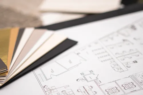 Interior,Designer’s,Working,Table,,An,Architectural,Plan,Of,The,House,